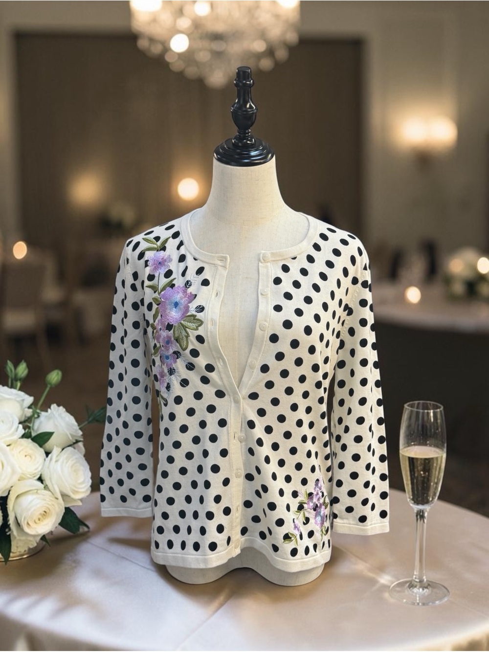 RSVP by Talbots Petite Medium Embroidered Polka Dot Cardigan